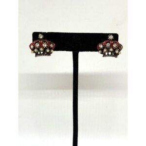 Vintage Gold Tone Rhinestone & Faux Pearl Imperial Crown Screwback Earrings